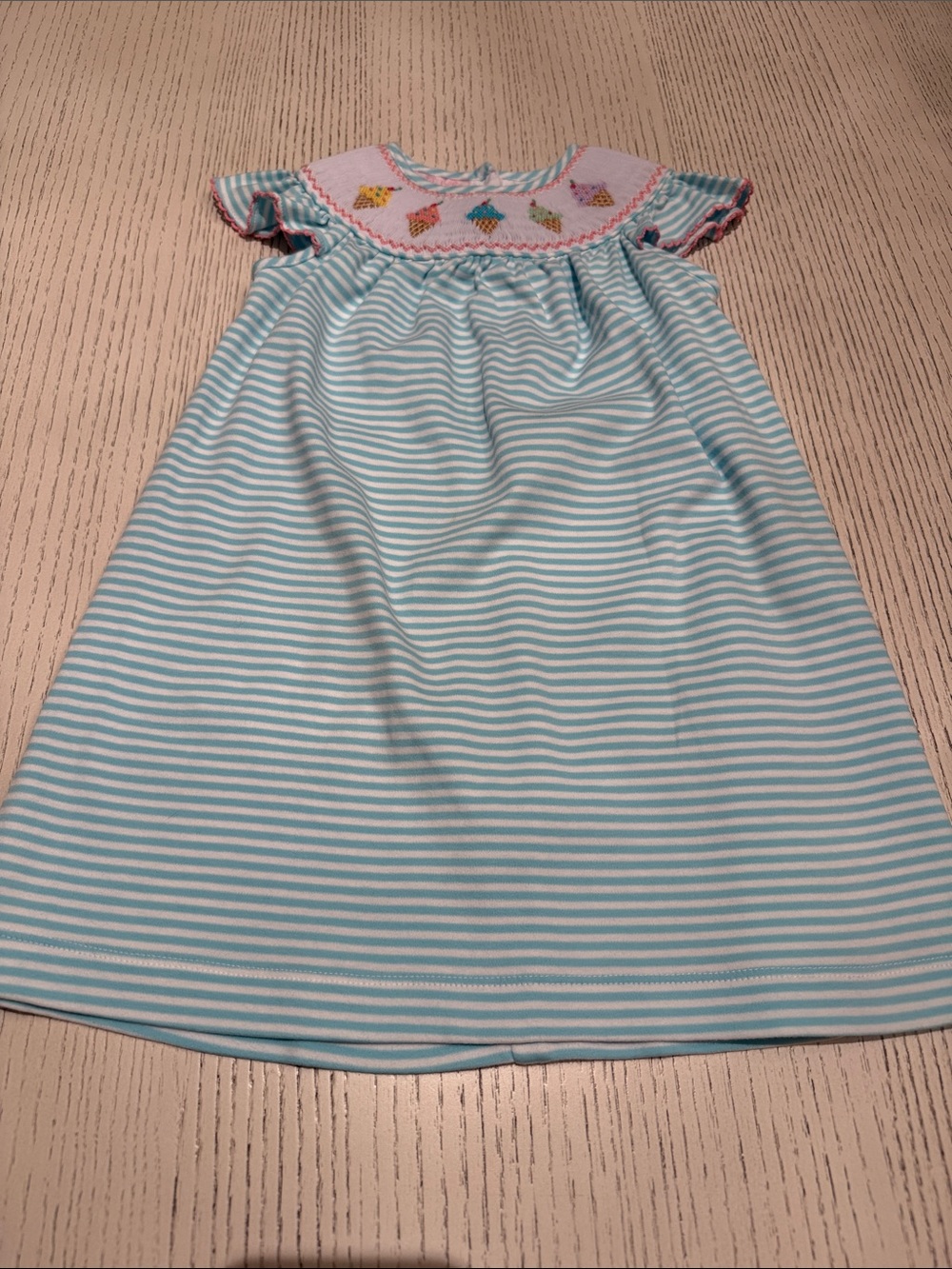 Petit Bebe Light Aqua & White Striped Girls' Dress w/ Ice Cream Smocked Yoke